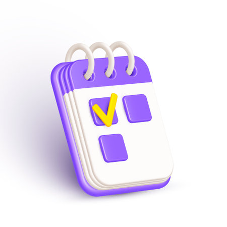 Isometric calendar with yellow tick on date. Purple notebook icon isolated on white background. Organizer single 3d design icon. Creative realistic symbol for online app, web user. vector illustrationのイラスト素材