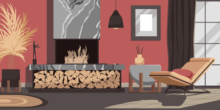 Lounge room interior banner. Modern country house style with furniture: armchair near fireplace decorated by stack of firewood. Wallpaper design concept of comfortable hotel room. vector illustrationのイラスト素材