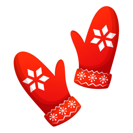 Red mittens isolated on white background. Pair of knitted christmas gloves. Wool mitten with abstract snowflake pattern icon. Happy new year greeting card with mittens. hand drawn vector illustrationのイラスト素材