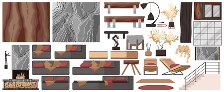 Furniture for lounge set isolated on white background. Flat furnishings collection with couch sofa, soft armchair, wooden table, loft lamp. Designer trendy items of home apartment. vector illustrationのイラスト素材