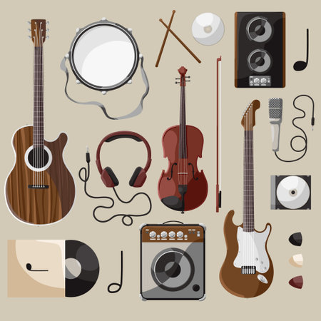 Set of isolated icons of musical instruments. Wooden bass guitar, violin and acoustic speaker. Electric instruments equipment for musicians. Retro headphones and vinyl record. flat vector illustrationのイラスト素材