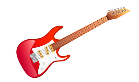 Red white electric guitar in realistic flat style. Bass guitar rock musical instrument isolated on white background. Equipment for musician band concert on hard rock metal music. vector illustrationのイラスト素材