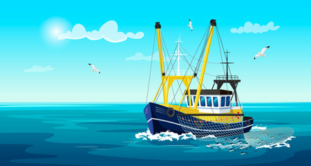 Commercial fishing ship with full fish net under water. Fishing boat with fisherman working in ocean catching by seine sea food: tuna, herring, salmon. Industry vessel in seascape. vector illustrationのイラスト素材