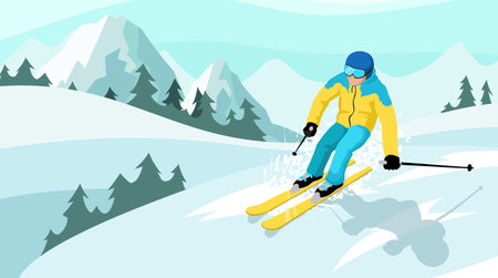 Skier sliding in mountains slope. Winter sports activities on skis in snowy Alps hills. Extreme skiing in country cross. Ski resort landscape with forest and rocks on background. vector illustrationのイラスト素材