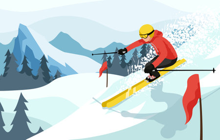 Skier sliding in mountains slope. Winter sports competition activities on skis in snowy Alps. Extreme skiing in ski resort. Country cross landscape with slalom flags on background. vector illustrationのイラスト素材