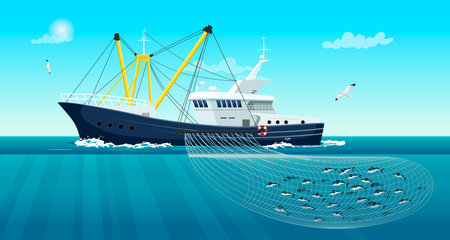Commercial fishing ship with full fish net under water. Fishing boat working in ocean catching by seine food: tuna, herring, salmon. Industry vessel with yellow mast in seascape. vector illustrationのイラスト素材