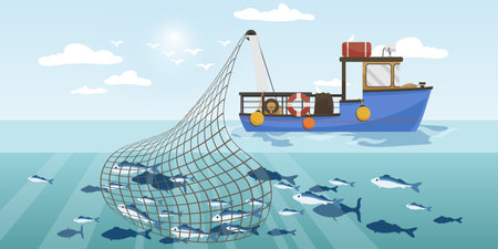 Commercial fishing ship with full fish big net. Cartoon fishing boat working in sea or ocean catching by seine seafood tuna, herring, sardine, salmon. Industry vessel in seascape. vector illustrationのイラスト素材