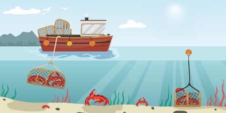 Commercial fishing ship with full fish net. Fishing boat with fisherman working in ocean catching by seine sea food: tuna, herring, sardine, salmon. Industry vessel in seascape. vector illustrationのイラスト素材