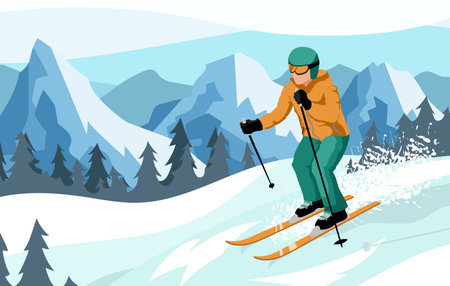Skier sliding in mountains slope. Winter sports activities on skis and glass goggles. Extreme skiing in country cross. Ski resort landscape with forest and rock on background. flat vector illustrationのイラスト素材