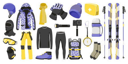 Winter sportswear flat icons set. Different equipment for skiing. Skis, goggles, ski suits, helmets, underwear clothes and warm socks. Clothes collection for active travel. isolated vector illustrationsのイラスト素材