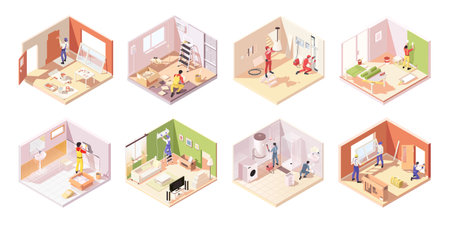 Set of renovation concept with professional team of repair men. Plumbers fix pipelines. painter paint wall. Contractor specialist indoor home. Room repair service isometric view. vector illustrationのイラスト素材