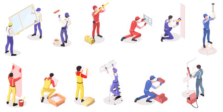 Set of repairman character icons for home renovation in 3d isometric view. Professional workers in uniform repairmen plumber, painter, specialist of installing, electrician, tiler. vector illustrationのイラスト素材
