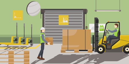 Warehouse interior with cardboard boxes on metal racks and pallet truck. Staff in green uniform at storage house working on forklift truck. Cargo, logistics business concept banner. vector illustrationのイラスト素材