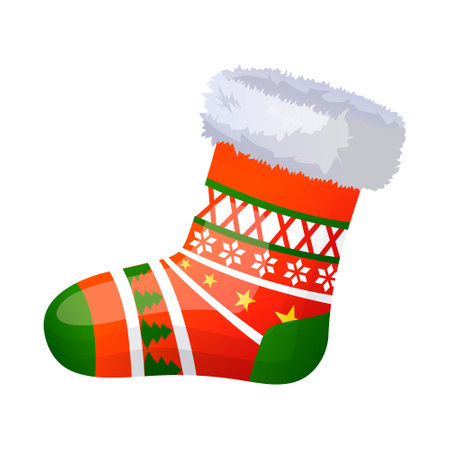 Realistic christmas juice isolated on white background. Children's clothing element with Christmas pattern. Winter holidays red green color comfortable clothes. Soft wool socks icon. vector illustrationのイラスト素材