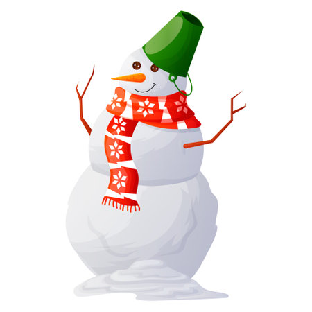 Christmas snowman smiling and wearing green bucket on head and red scarf around neck. Winter season icon of snowman for printing postcard or calendar. Vector illustration isolated on white backgroundのイラスト素材