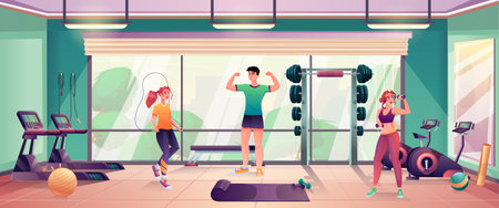 Gym interior with sportsman, mirror, green walls, panoramic window with park and cityscape view, running track, dumbbell, barbell, cycling and fitness equipment. vector graphic illustrationのイラスト素材