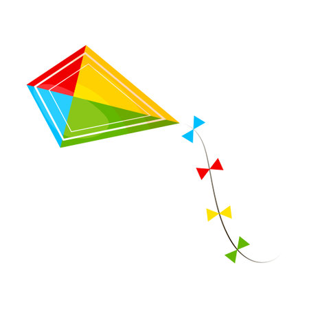 Wind kite with long ribbon. Colorful rhombus plane flying in sky. Outside activity toy for kid. Childhood educational and mental summer playing. Flat vector illustration isolated on white backgroundのイラスト素材