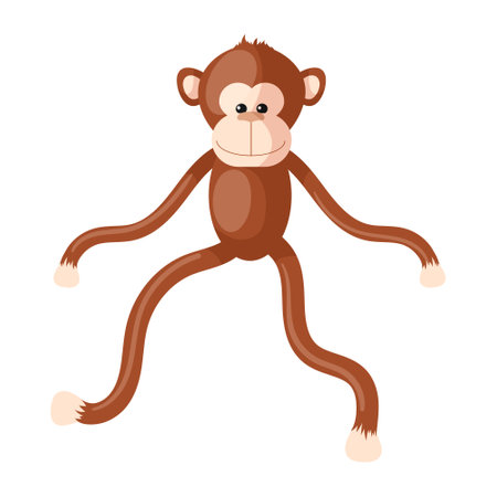 Softly brown monkey toy. Teddy ape with cute and long hands and legs. Jungle wild animal kids toy icon. Childhood playing and love birthday gifts. Flat vector illustration isolated on white backgroundのイラスト素材