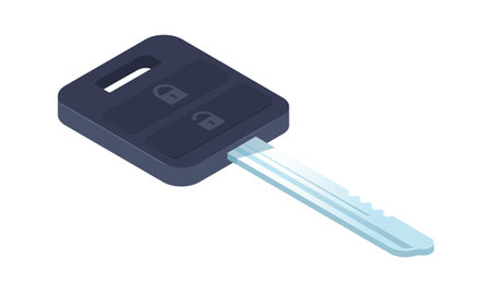 Car key with lock or unlock control. Remote control button isolated on white background. Vehicle entry device with buttons. Black handle with hole of key ring. Realistic black key. Vector illustrationのイラスト素材