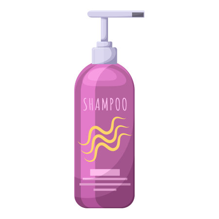 Female bottle with shampoo for hairdresser. Professional hygiene cosmetics for hairstyles and curls. Luxury hair wash shampoo for beauty salon. Purple soap dispenser for bathroom. Vector illustrationのイラスト素材