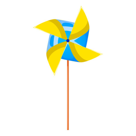 Pinwheel air toy icon. Yellow Blue windmill star. Colorful plastic or origami kid toy on stick. Childhood educational and mental summer playing. Flat vector illustration isolated on white backgroundのイラスト素材