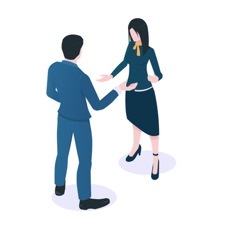 Isometric characters of business people wearing office clothes isolated on white background. Man and woman talking on partnership meeting at work icon design. Brainstorm teamwork. Vector illustrationのイラスト素材
