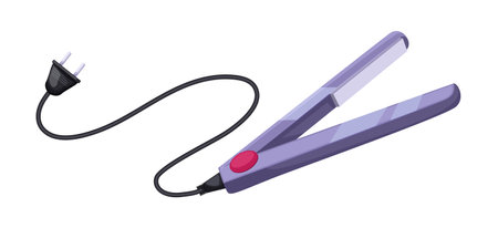 Straightener or hair iron image isolated on white background. Electric applience for hairdresser or barber. Professional tool for curling and hair drying. Beauty salon accessory. Vector illustrationのイラスト素材