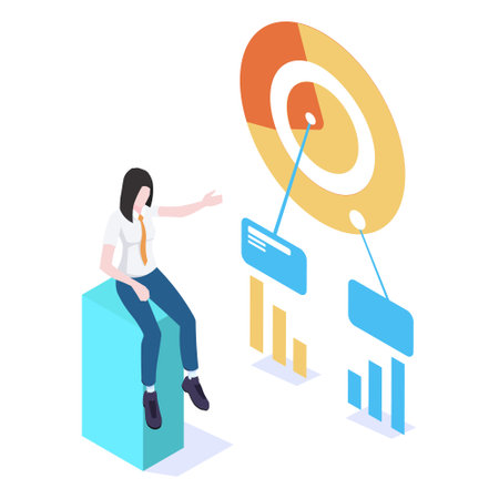 Woman analyst reporting data information results of the business. Market indicators in the diagram, bar icons displayed on isolated dashboard. Infographic of success management. Vector illustrationのイラスト素材