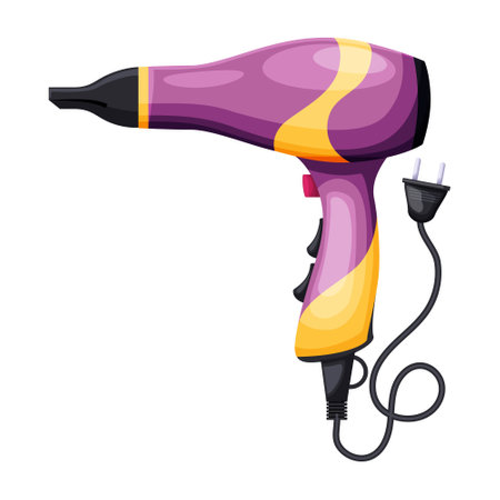 Female beauty salon hairdryer isolated on white background. Professional tool for curling, hair drying in barbershop. Colorful electric accessory for hairdressers. Web icon design. Vector illustrationのイラスト素材
