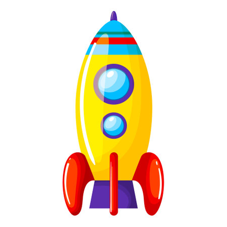 Colorful rocket icon. Yellow toy spaceship with portholes and red wings. Plastic kid space toy. Childhood educational and mental child playing. Flat vector illustration isolated on white backgroundのイラスト素材