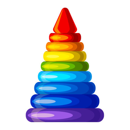 Pyramid toy rainbow colors image or icon. Circle and round form. Colorful activity plastic kid toy. Childhood educational and mental home playing. Flat vector illustration isolated on white backgroundのイラスト素材