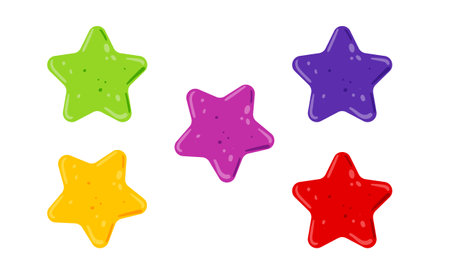 Colorful lollipop stars icons. Different colors of candy kid for eat and education at logical game. Childhood educational and mental home playing. Flat vector illustration isolated on white backgroundのイラスト素材