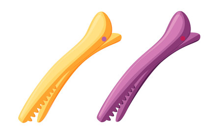 Hairpin yellow pink colors isolated on white background. Hairdresser accessory for women and girls. Hair clip for curling and haircut. Colorful hair pins icon for beauty salon. Vector illustrationのイラスト素材