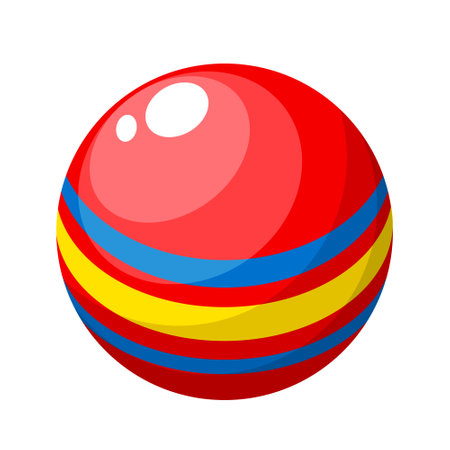 Red plastic ball image. Bowling ball with yellow blue strips. Colorful plastic kid toy with lines. Childhood entertainment and adult sports game. Flat vector illustration isolated on white backgroundのイラスト素材