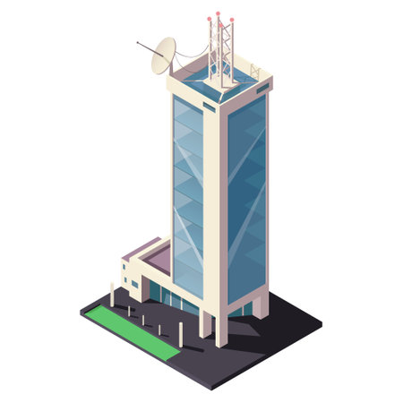 Isometric skyscraper building for map creating collection. Business office and commercial tower. City development in 3D design. Finance cityscape architecture, web street element. Vector illustrationのイラスト素材