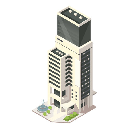Isometric skyscraper building for map creating collection. Business office and commercial tower. City development in 3D design. Finance cityscape architecture, web street element. Vector illustrationのイラスト素材