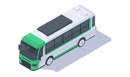 Passenger electric bus with solar panel on the roof of vehicle. Eco energy of safe environment in city. Modern clean renewable power of urban life. Isometric vector illustration isolated on backgroundのイラスト素材