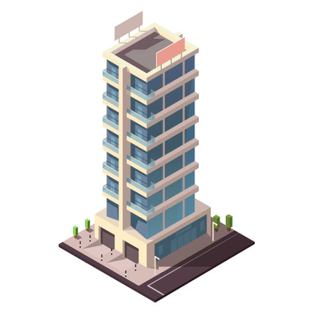 Isometric skyscraper building for map creating collection. Business office and commercial tower. City development in 3D design. Finance cityscape architecture, web street element. Vector illustrationのイラスト素材