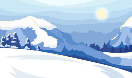 Winter mountain landscape with snowy peaks and steep slopes along the edges. Empty ski resort with wide track slope. Sun rays reflecting from snow. Adventure panoramic background. Vector illustrationのイラスト素材