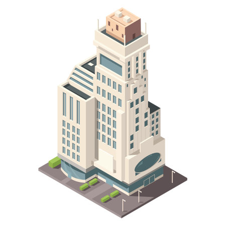 Isometric skyscraper building for map creating collection. Business office and commercial tower. City development in 3D design. Finance cityscape architecture, web street element. Vector illustrationのイラスト素材