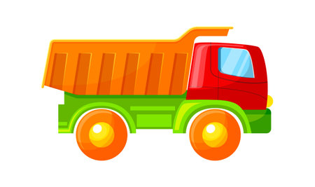 Plastic lorry truck icon. Orange industrial vehicle for kid games in sandbox. Colorful child heavy industry toy. Childhood interesting male play. Flat vector illustration isolated on white backgroundのイラスト素材