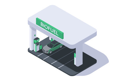 Biofuel gas station for electric car in isometric 3d view. Eco energy concept for city transport. Safe environment with clear bioenergy for vehicles. Vector illustration isolated on white backgroundのイラスト素材