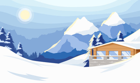 Winter mountain landscape with snowy peaks and steep slopes along the edges. Empty ski resort with wide track slope. Sun rays reflecting from snow. Adventure panoramic background. Vector illustrationのイラスト素材