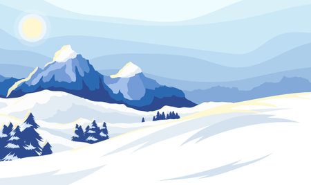 Winter mountain landscape with snowy peaks and steep slopes along the edges. Empty ski resort with wide track slope. Sun rays reflecting from snow. Adventure panoramic background. Vector illustrationのイラスト素材