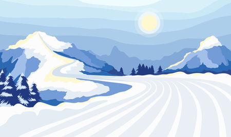 Winter mountain landscape with snowy peaks and steep slopes along the edges. Empty ski resort with wide track slope. Sun rays reflecting from snow. Adventure panoramic background. Vector illustrationのイラスト素材
