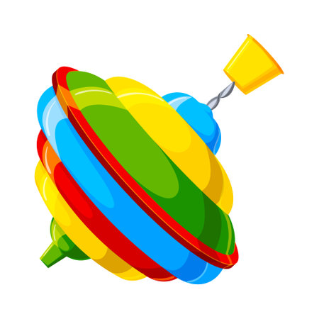 Spinning top toy icon. Colorful gyroscope kid toy with rainbow colors. Childhood educational and mental home playing. Birthday gift for children. Flat vector illustration isolated on white backgroundのイラスト素材