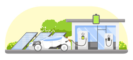 Electric car charging full battery. Ecology day and environment concept of green eco city with alternative energy. Solar panels near charger station. Renewable solar generation. Vector illustrationのイラスト素材