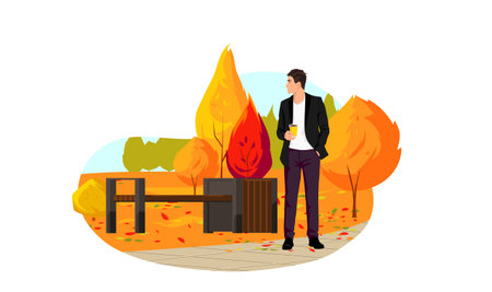 Stylish man waiting appointment meeting near a bench in Autumn Park. Yellow red trees and fall leaves. Weekend walking in the forest with a cup of coffee. Drawing in cartoon style. Vector illustrationのイラスト素材
