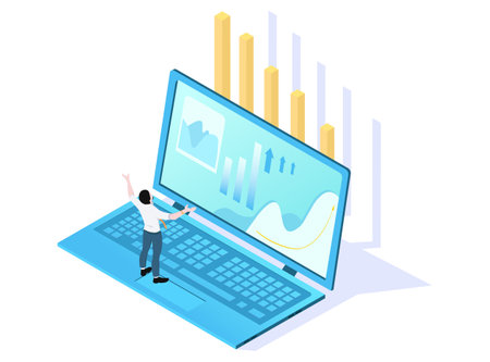 Finance diagrams and charts at screen on laptop screen in isometric view. Digital technology for online trading. Application for successful financial analysis and risk management. Vector illustrationのイラスト素材
