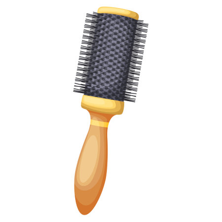 Golden hairbrush isolated on white background. Professional tool for curling and haircut barbershop. Hair brush, comb. Beauty salon and barber shop design element single accessory. Vector illustrationのイラスト素材